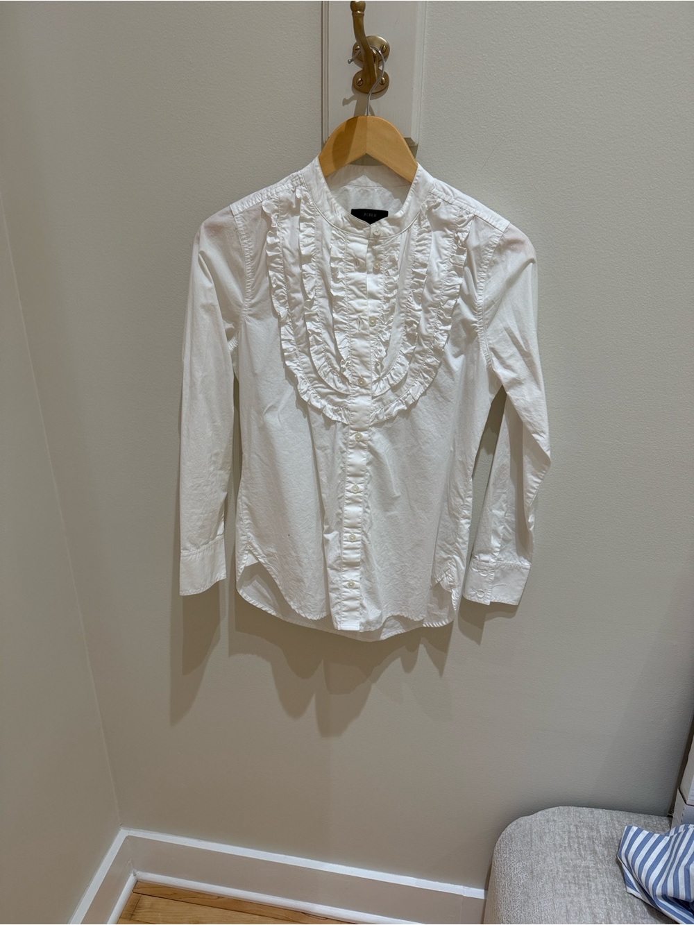 J. Crew White Ruffle-Front Cotton Dress Shirt